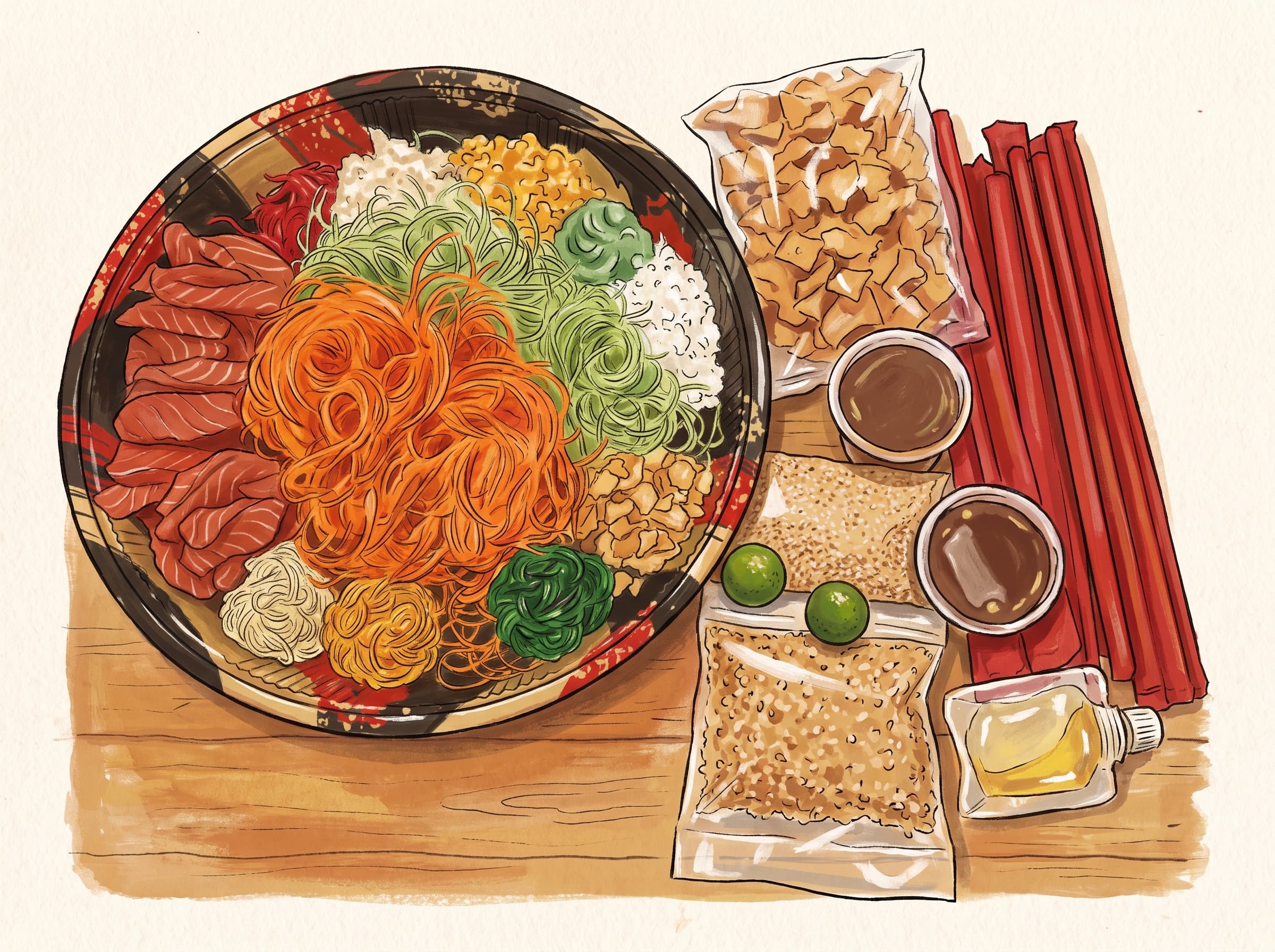 Top-down illustration of the full yusheng set — platter, chopsticks and condiments — on a warm wooden family table
